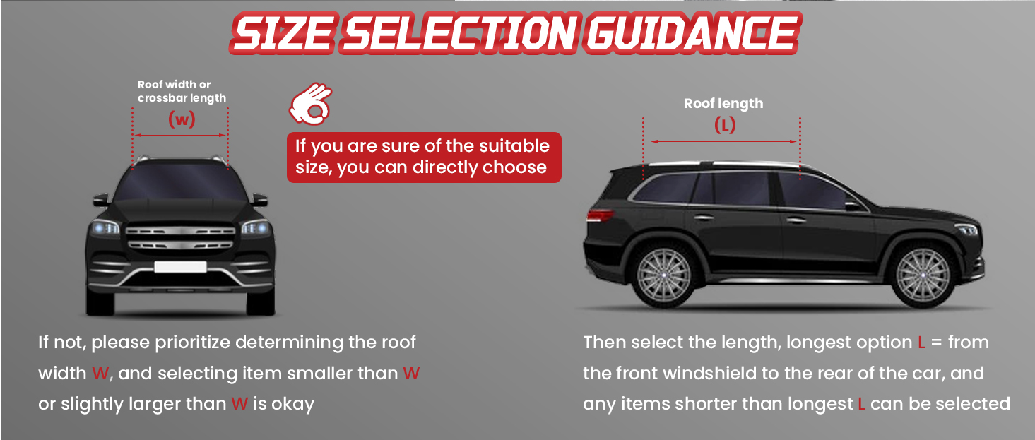 Racketon roof cargo basket size chart and weight capacity guide for SUV and trucks, featuring dimensions from 64 to 85 inches and up to 500 lbs load capacity.